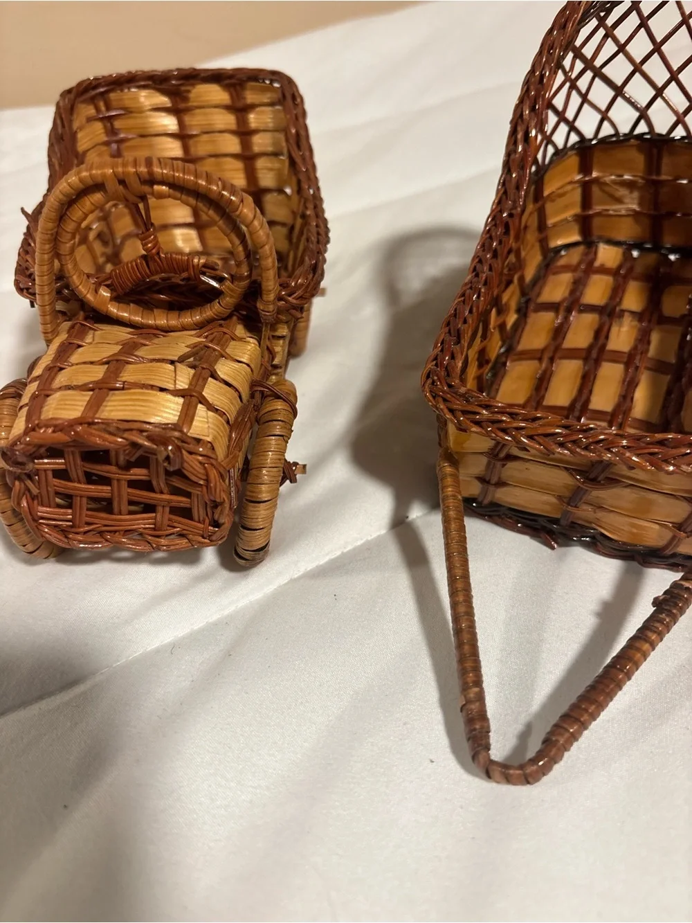Vintage Wicker Miniature Carriage or Wheelbarrow, Boho Plant Stand Basket